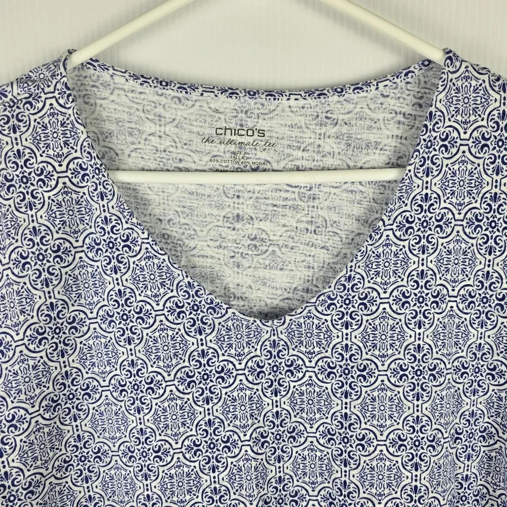 Chico's Medallion Tile 3/4 Sleeve High Low Tee Wirh V Neck Blue and White Size L - Picture 6 of 10